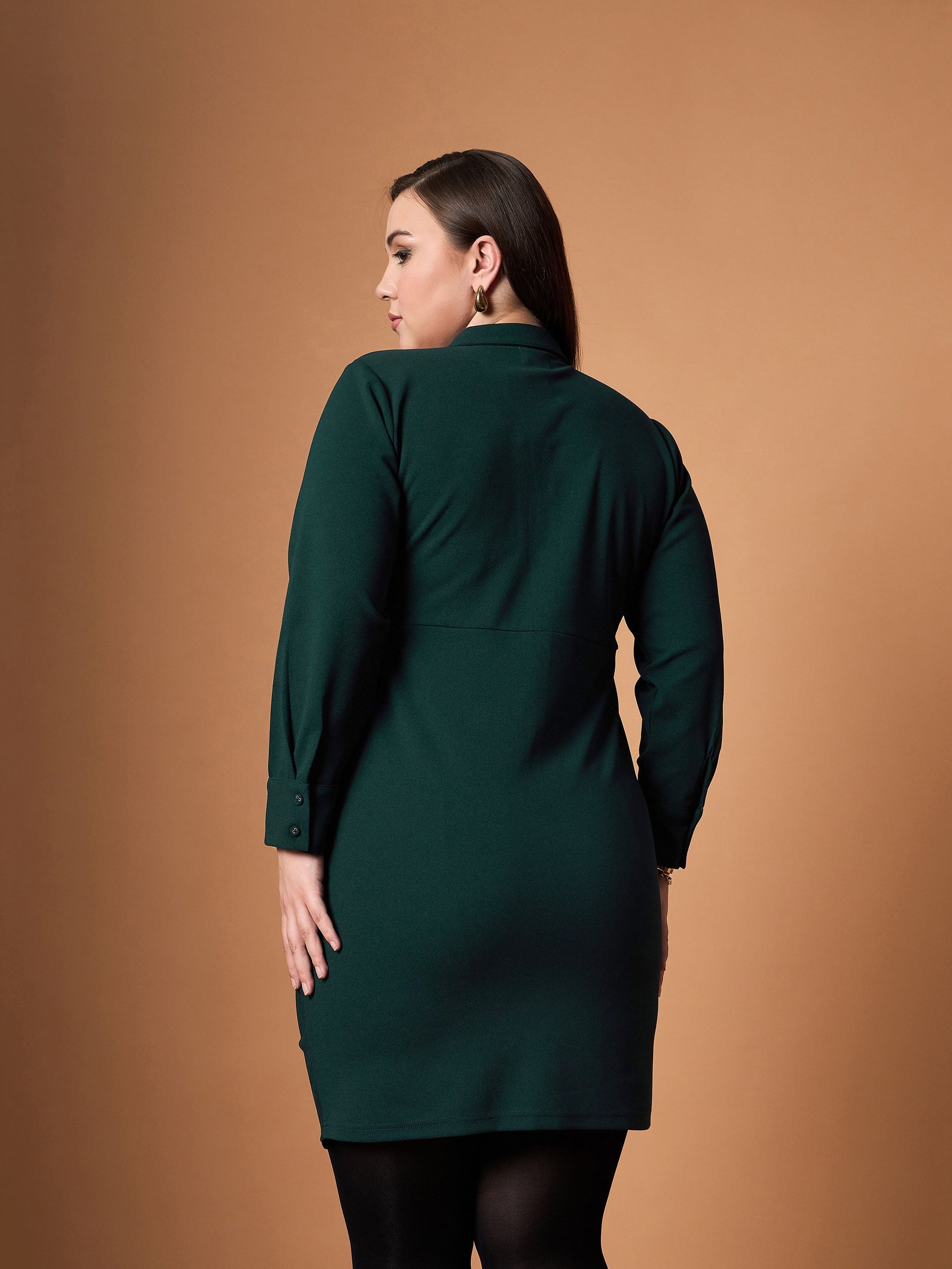 Emerald Green Front Button Ruched Dress -SASSAFRAS Curve