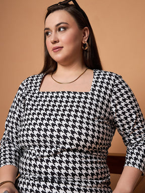 Black & White Houndstooth Ruched Dress-SASSAFRAS Curve