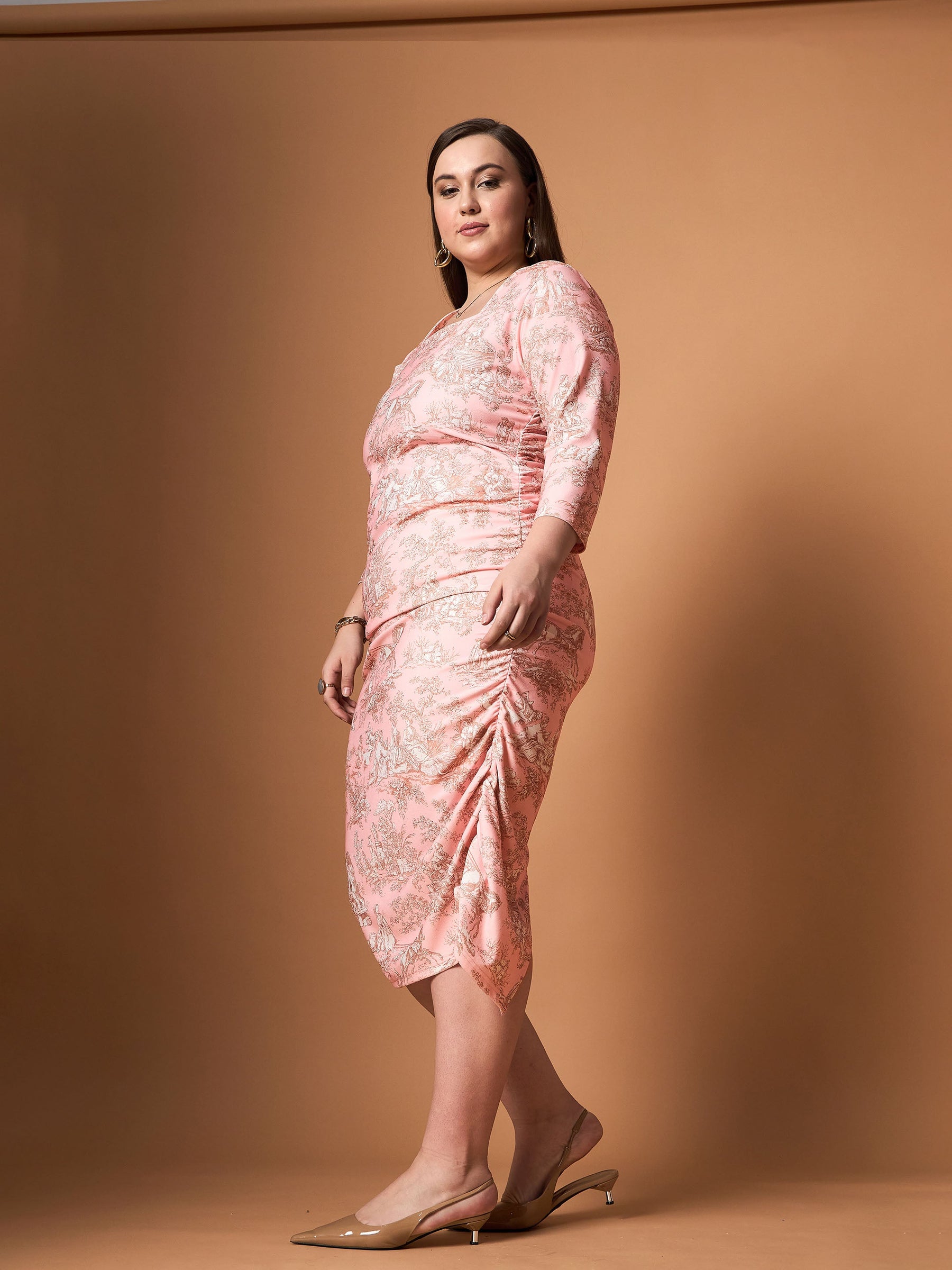 Pink Floral Ruched Dress-SASSAFRAS Curve