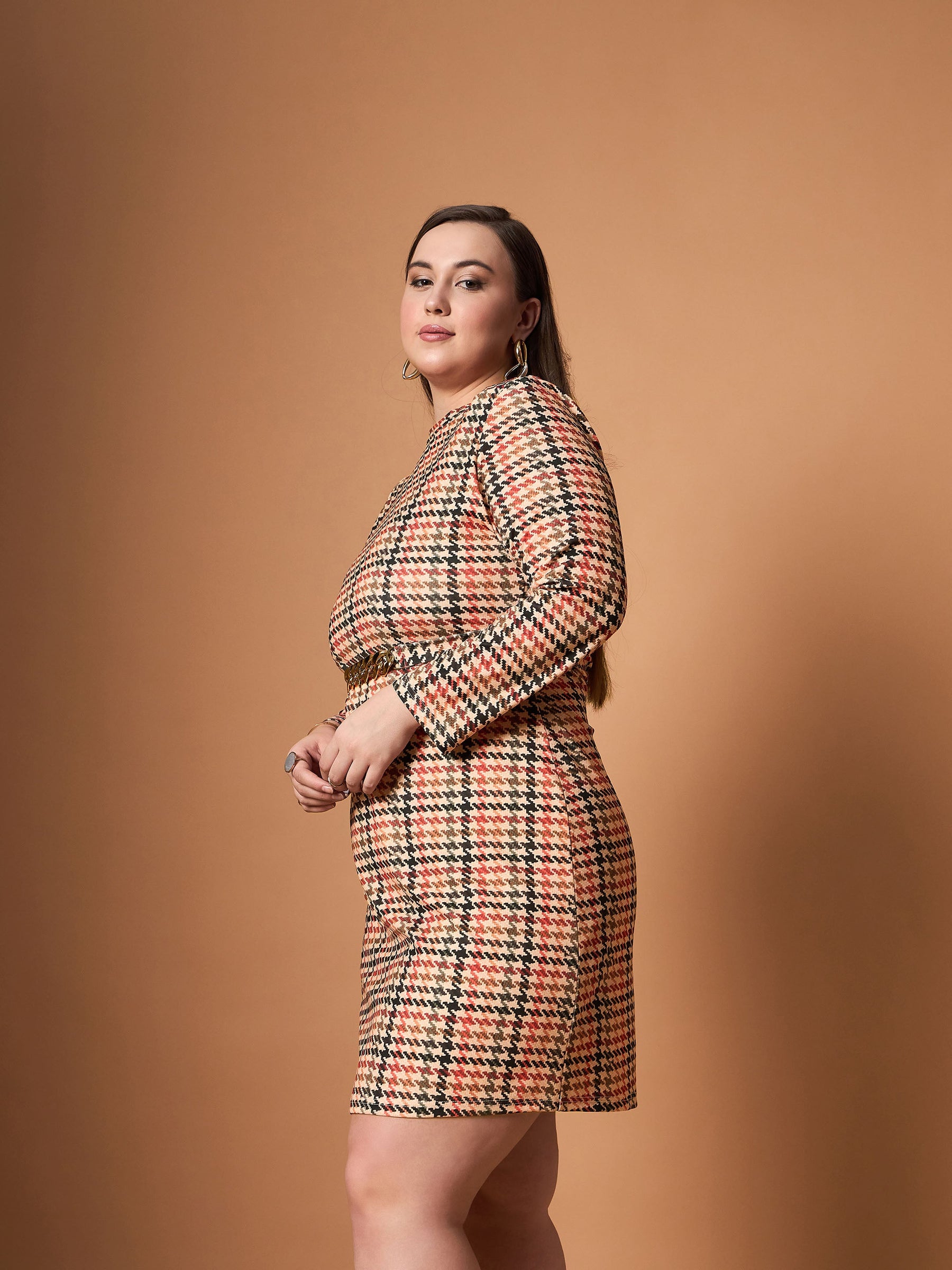 Peach Multi Houndstooth Belted Dress-SASSAFRAS Curve