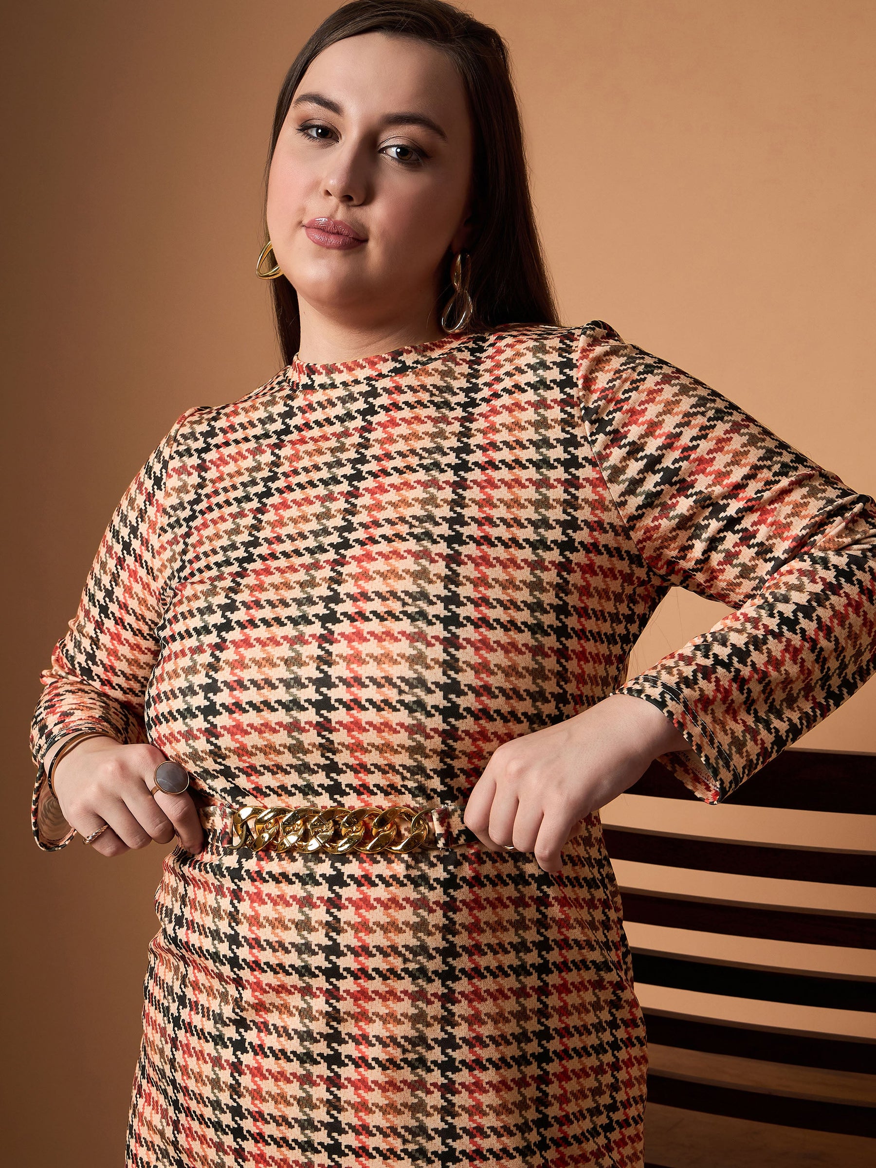 Peach Multi Houndstooth Belted Dress-SASSAFRAS Curve