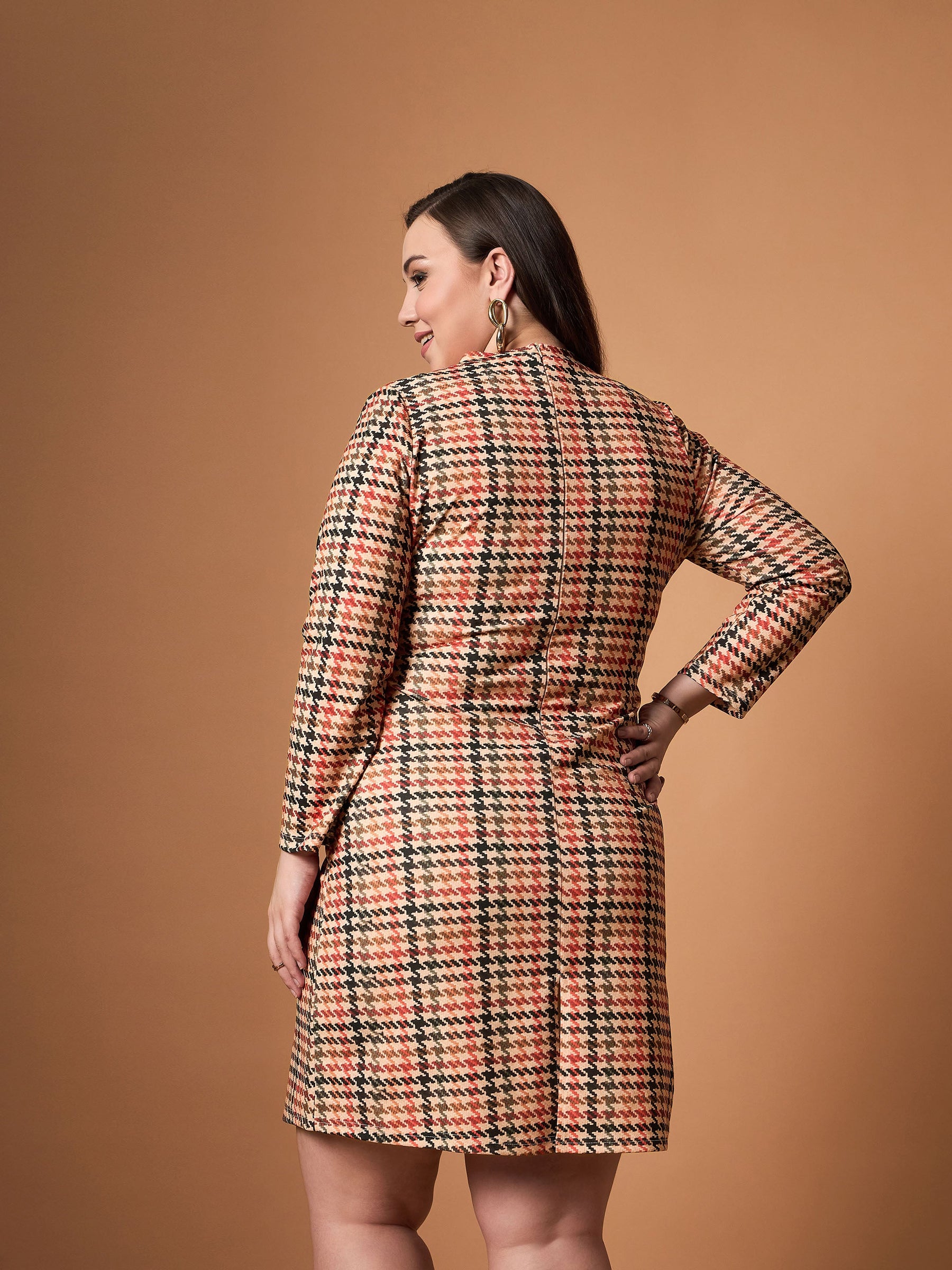 Peach Multi Houndstooth Belted Dress-SASSAFRAS Curve