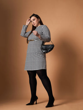 Black & White Houndstooth Belted Dress-SASSAFRAS Curve