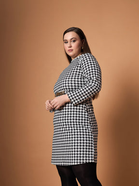 Black & White Houndstooth Belted Dress-SASSAFRAS Curve