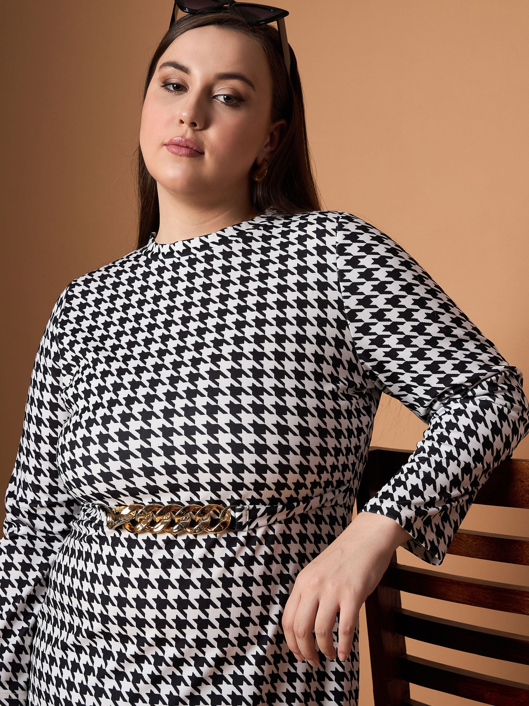 Black & White Houndstooth Belted Dress-SASSAFRAS Curve