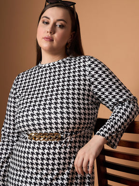 Black & White Houndstooth Belted Dress-SASSAFRAS Curve