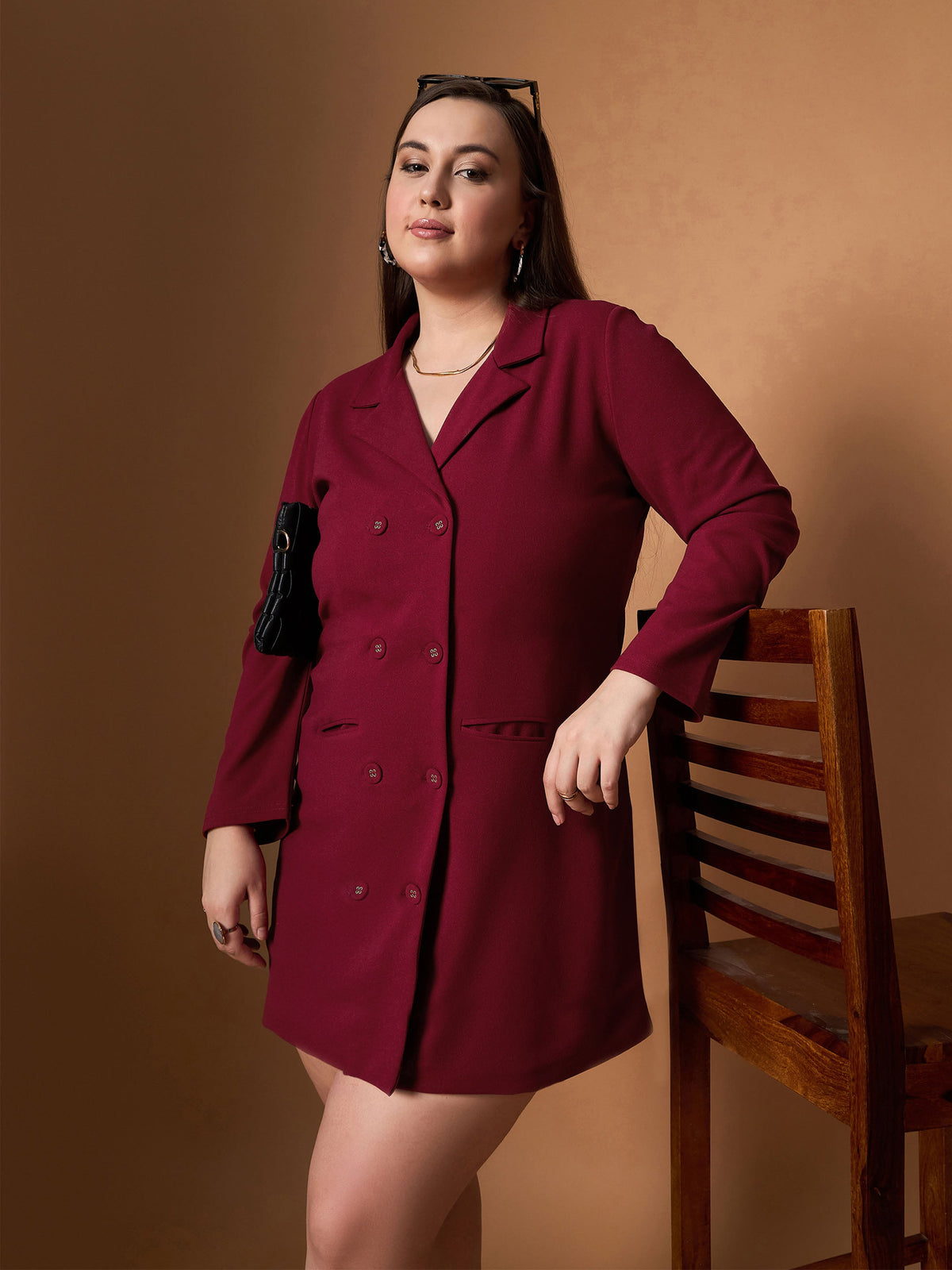 Maroon Short Blazer Dress-SASSAFRAS Curve