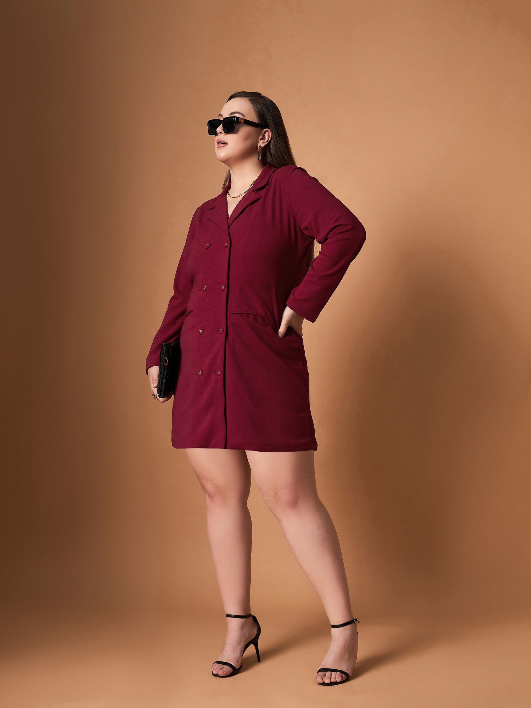 Maroon Short Blazer Dress-SASSAFRAS Curve