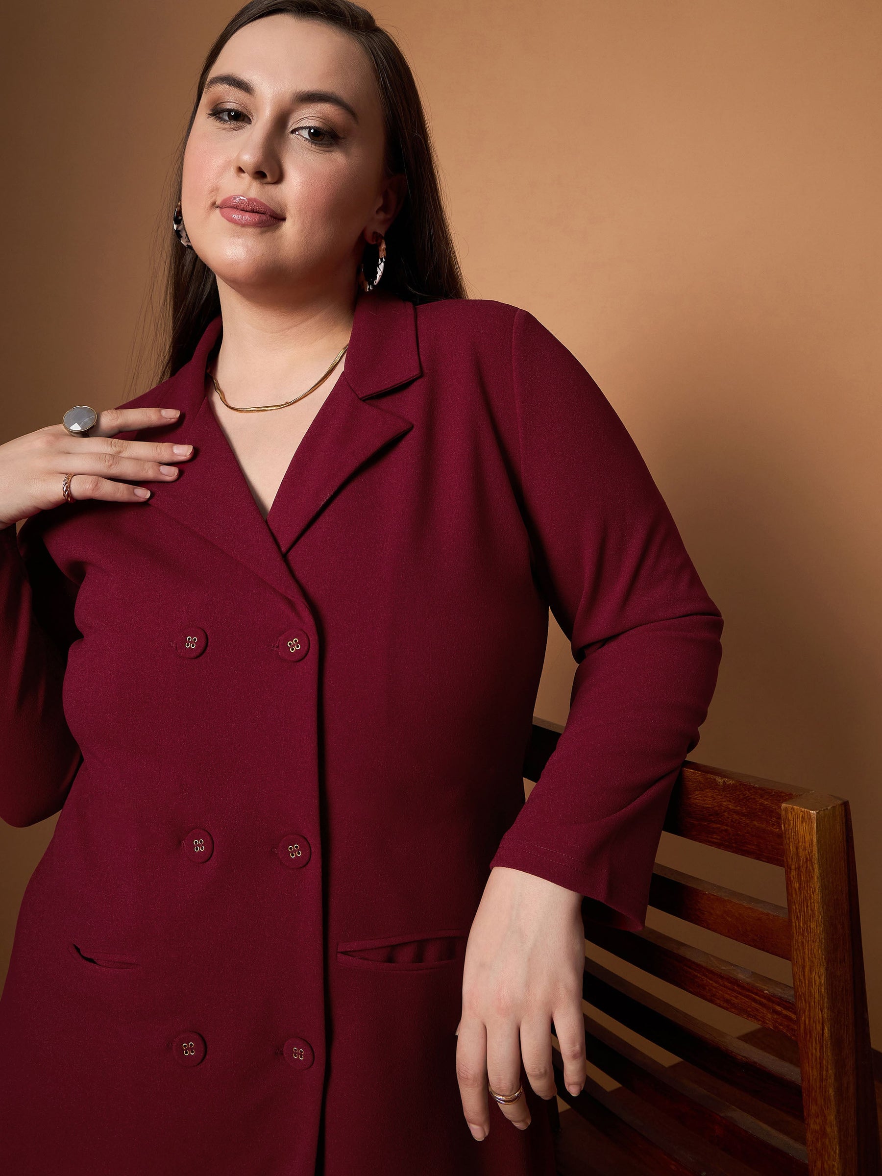 Maroon Short Blazer Dress-SASSAFRAS Curve