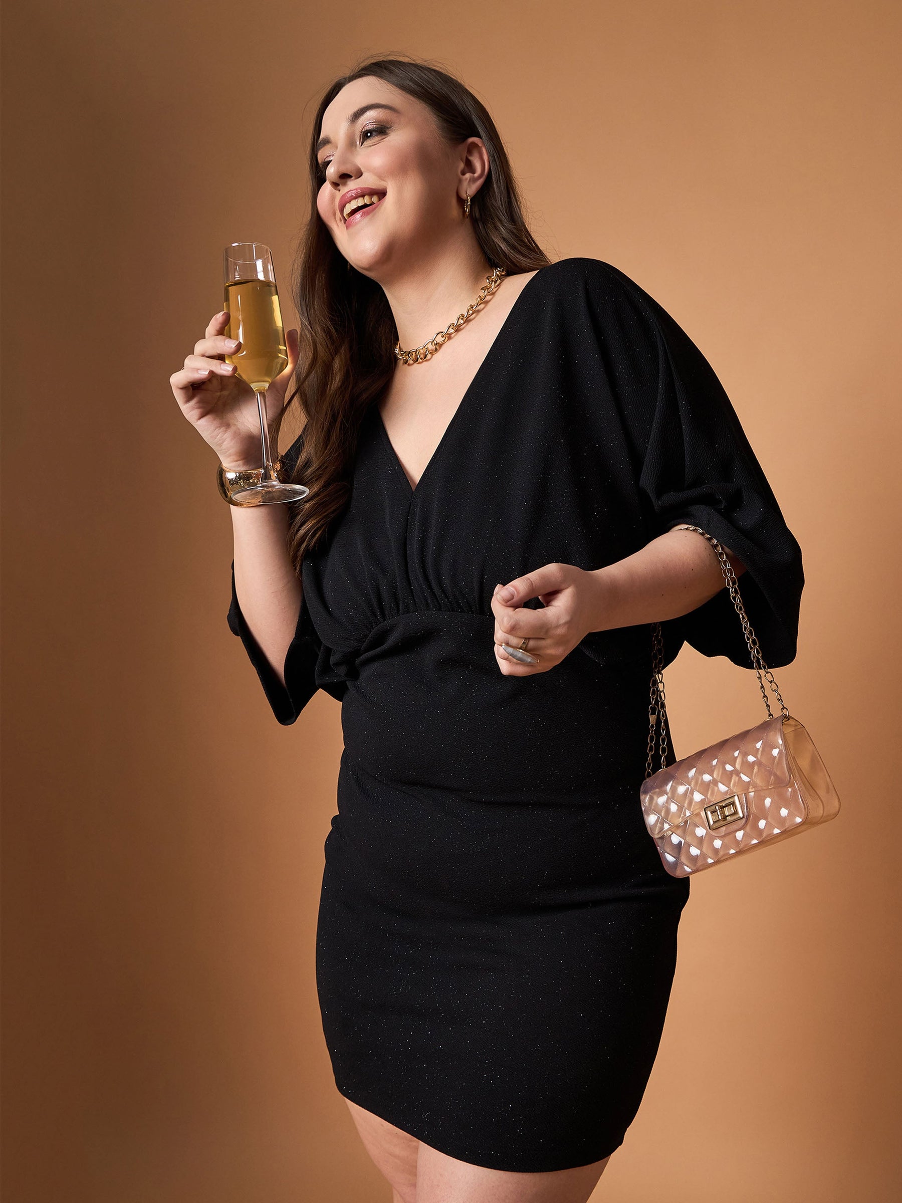 kimono sleeve bodycon dress Sassafras Women Black Glitter Bodycon Kimono Sleeves Dress 3XL / Black