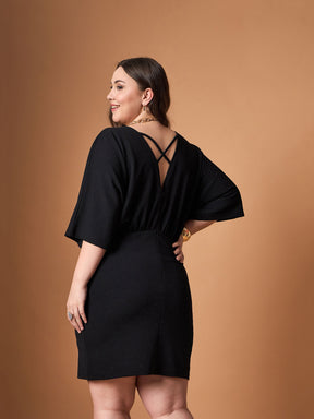 Black Glitter Bodycon Kimono Sleeves Dress-SASSAFRAS Curve