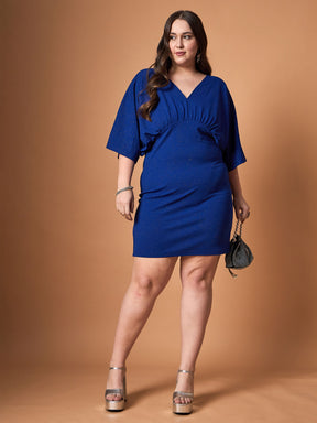 Royal Blue Glitter Bodycon Kimono Sleeves Dress -SASSAFRAS Curve