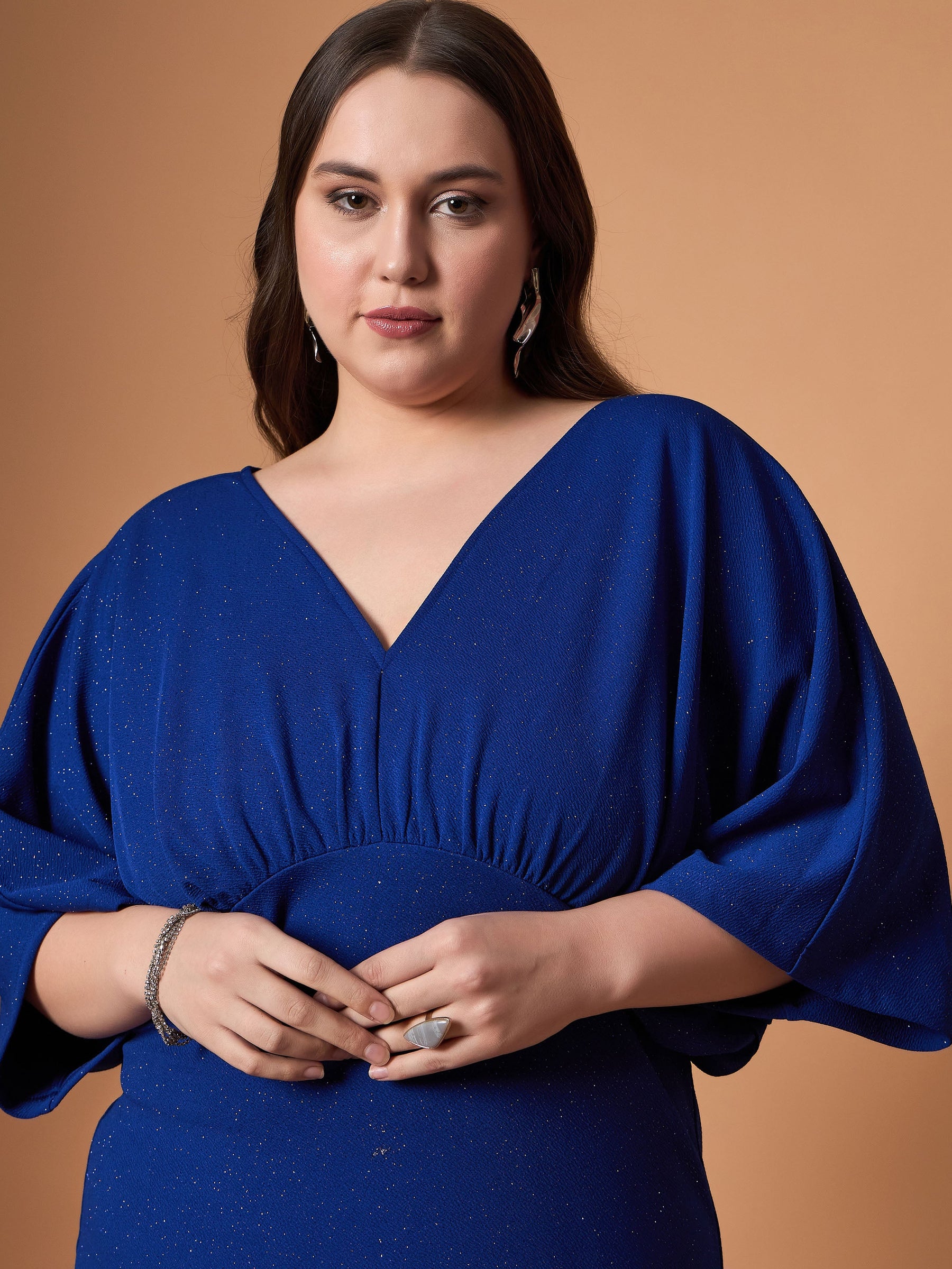 Royal Blue Glitter Bodycon Kimono Sleeves Dress -SASSAFRAS Curve