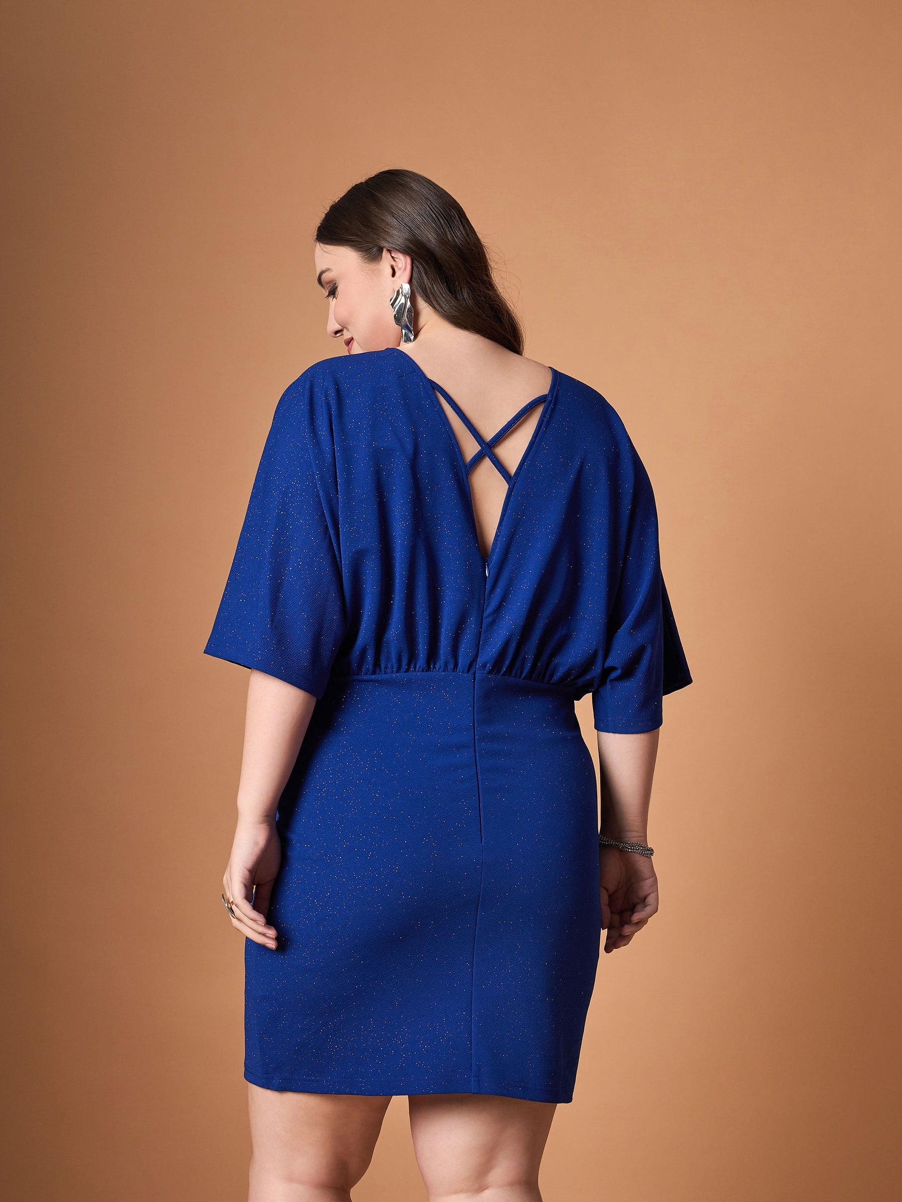 Royal Blue Glitter Bodycon Kimono Sleeves Dress -SASSAFRAS Curve