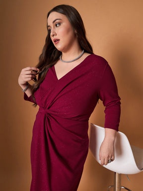 Maroon Glitter Side Knot Midi Dress-SASSAFRAS Curve