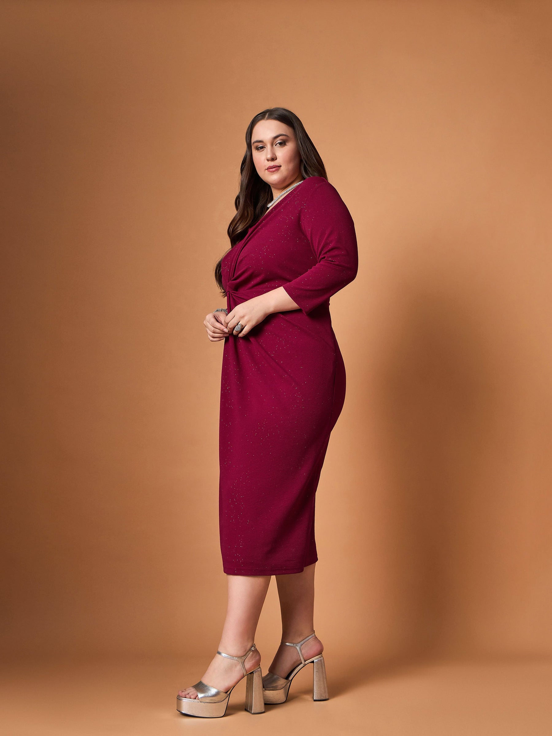 Maroon Glitter Side Knot Midi Dress-SASSAFRAS Curve