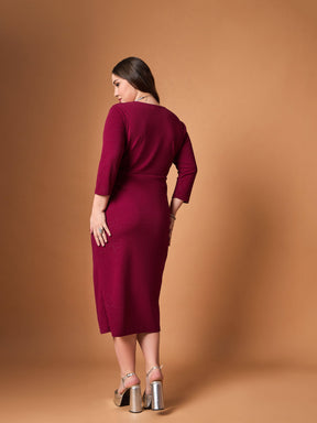 Maroon Glitter Side Knot Midi Dress-SASSAFRAS Curve