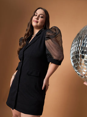 Black Glitter Organza Sleeves Blazer Dress-SASSAFRAS Curve