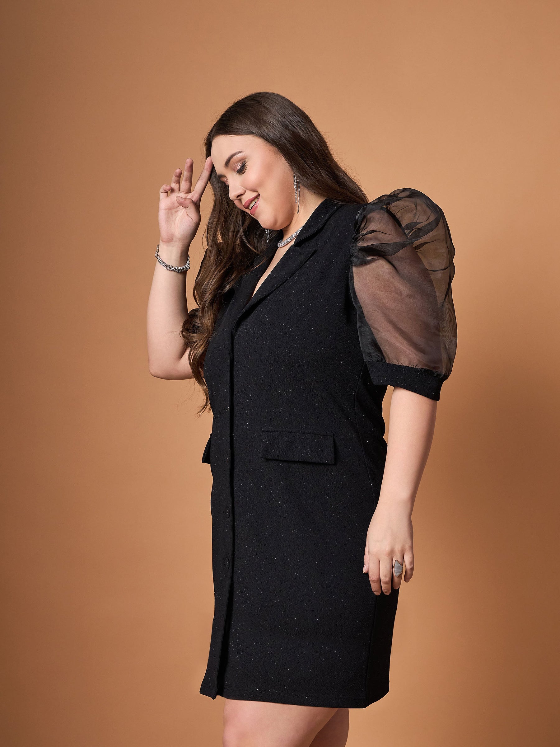 Black Glitter Organza Sleeves Blazer Dress-SASSAFRAS Curve