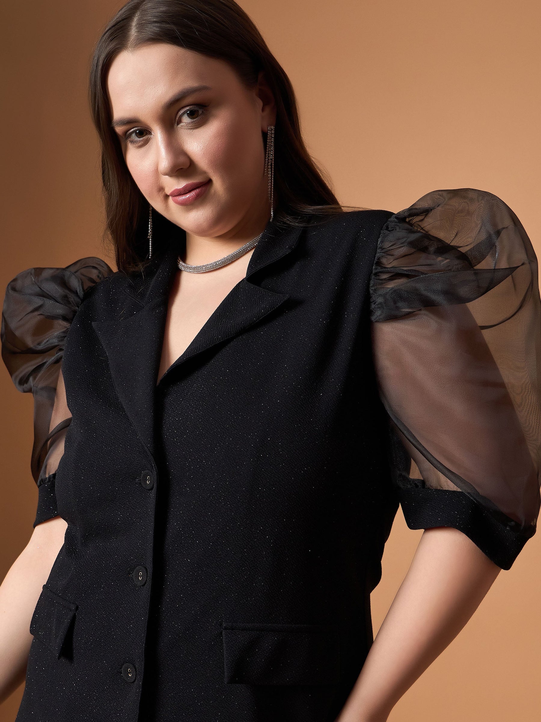 Black Glitter Organza Sleeves Blazer Dress-SASSAFRAS Curve