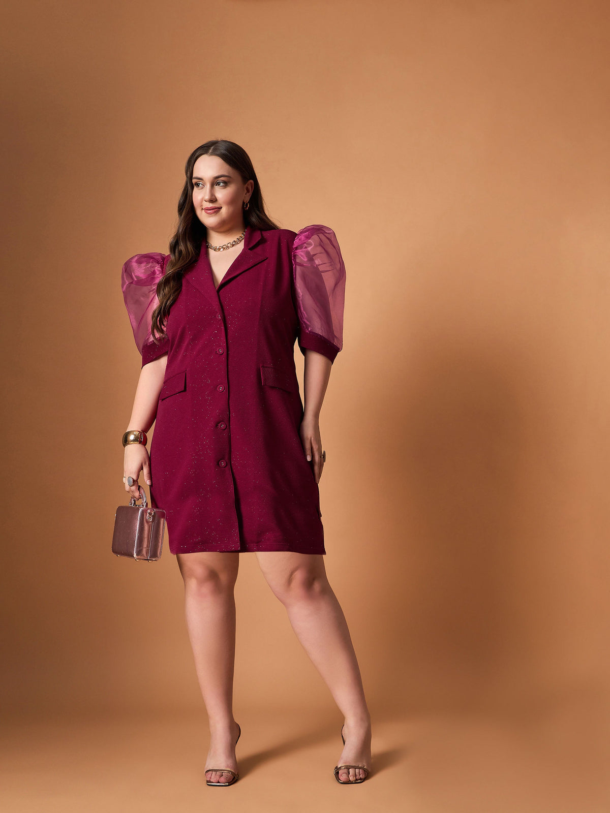 Maroon Glitter Organza Sleeves Blazer Dress-SASSAFRAS Curve