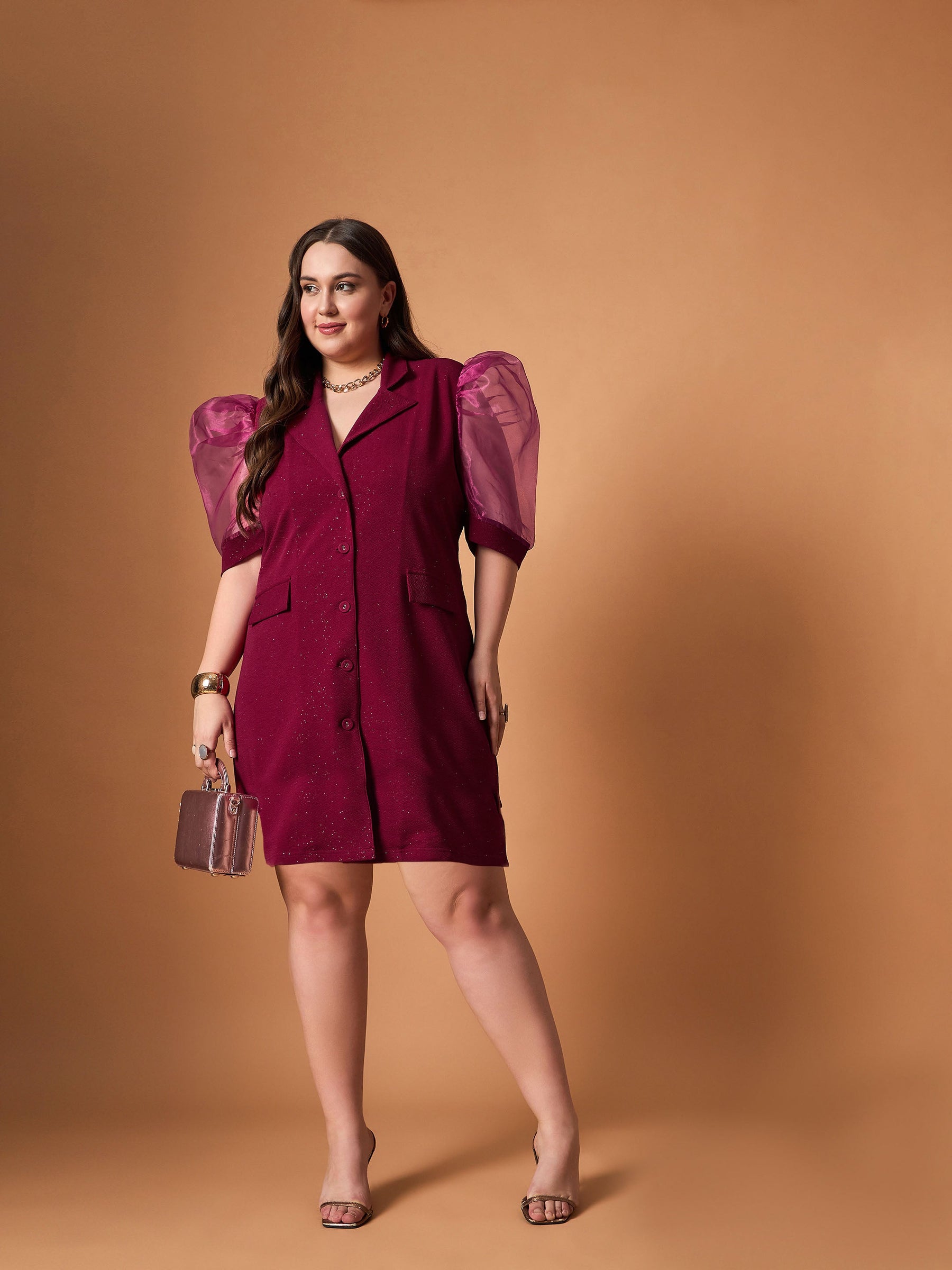 Maroon Glitter Organza Sleeves Blazer Dress-SASSAFRAS Curve