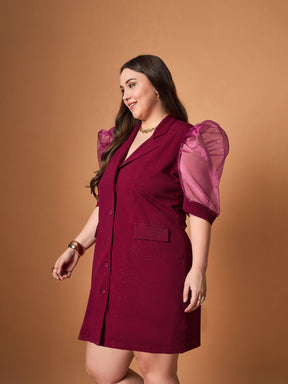 Maroon Glitter Organza Sleeves Blazer Dress-SASSAFRAS Curve