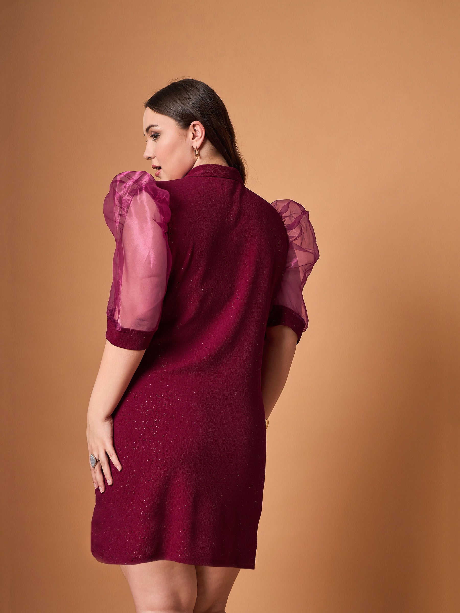 Maroon Glitter Organza Sleeves Blazer Dress-SASSAFRAS Curve