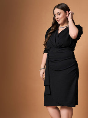 Black Glitter Front Ruched Dress -SASSAFRAS Curve