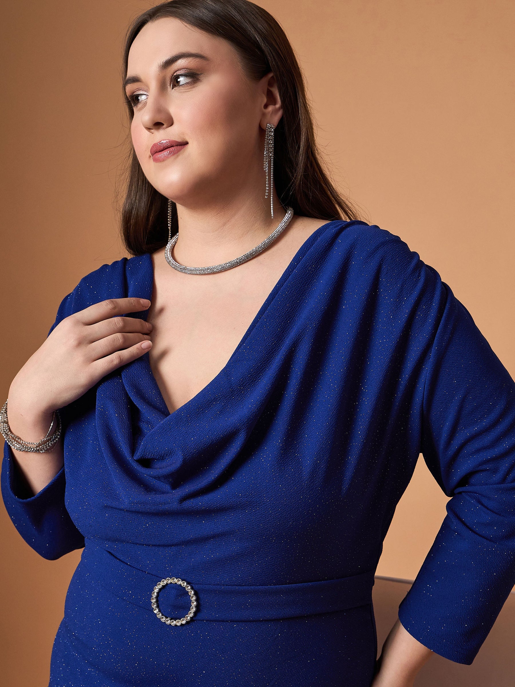 Royal Blue Glitter Shawl Neck Dress-SASSAFRAS Curve