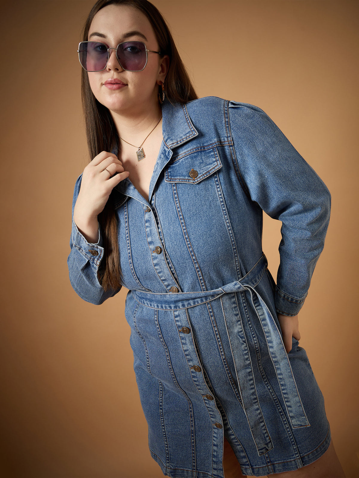 Women Blue Blast Denim Front Button Shirt Dress