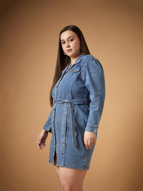 Women Blue Blast Denim Front Button Shirt Dress