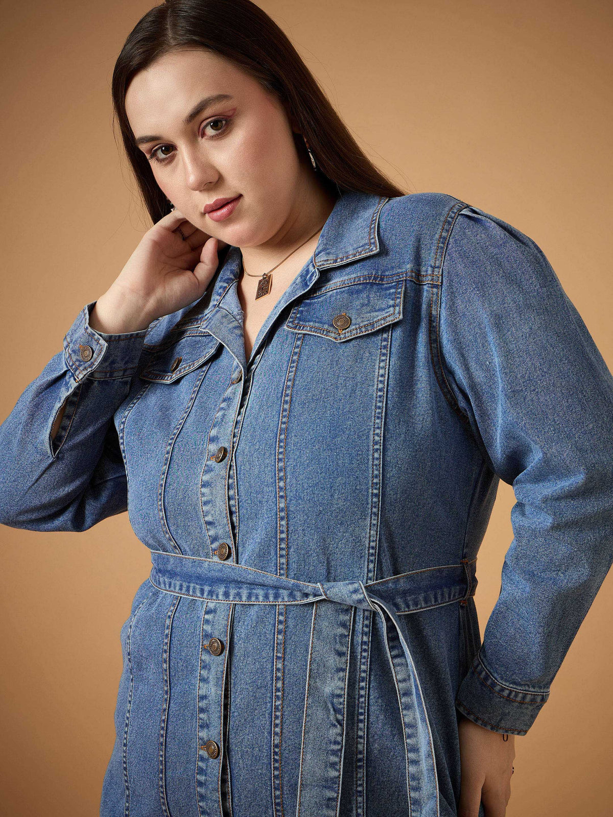 Women Blue Blast Denim Front Button Shirt Dress