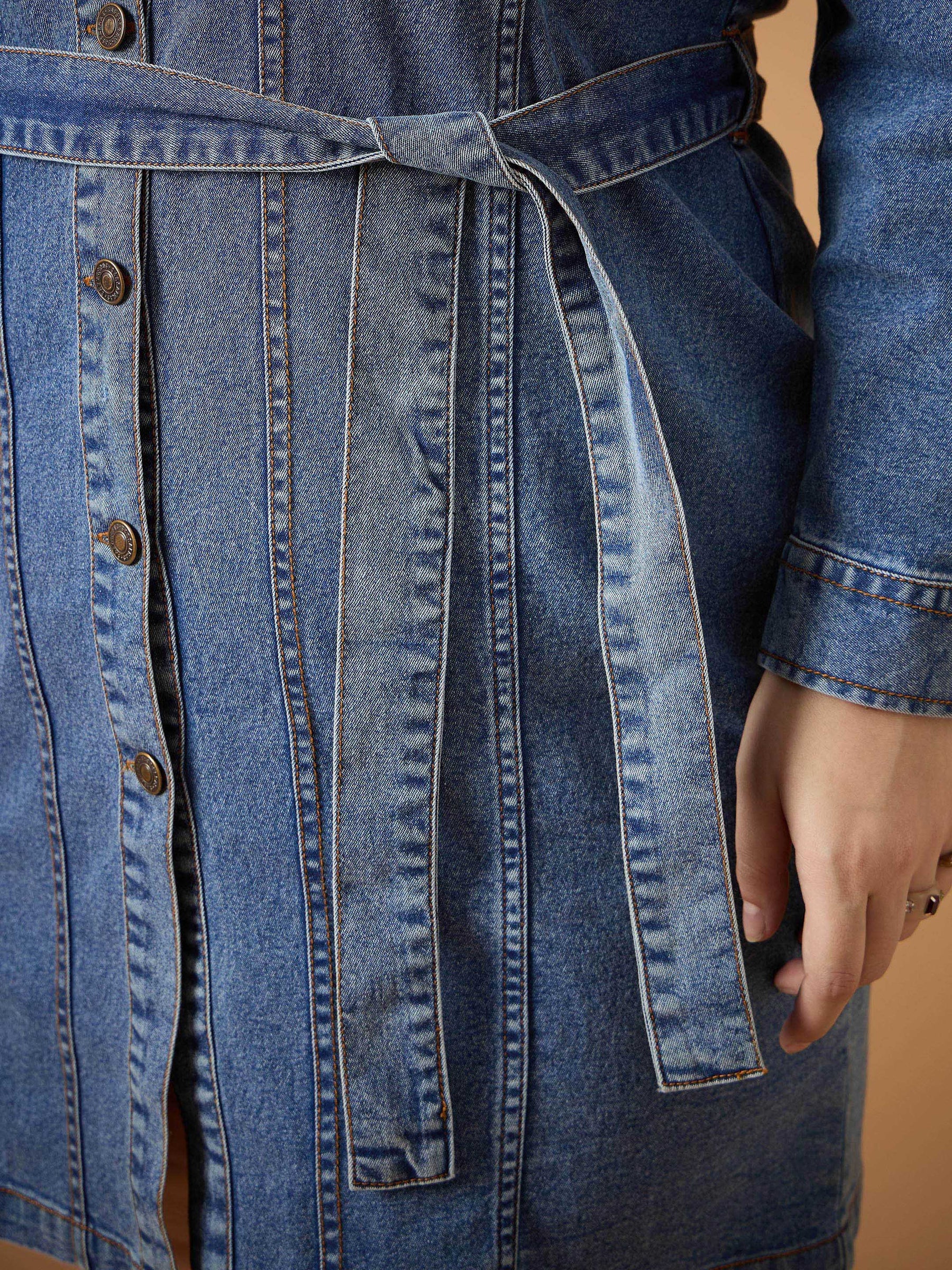 Women Blue Blast Denim Front Button Shirt Dress