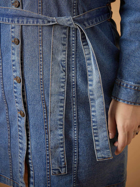 Women Blue Blast Denim Front Button Shirt Dress