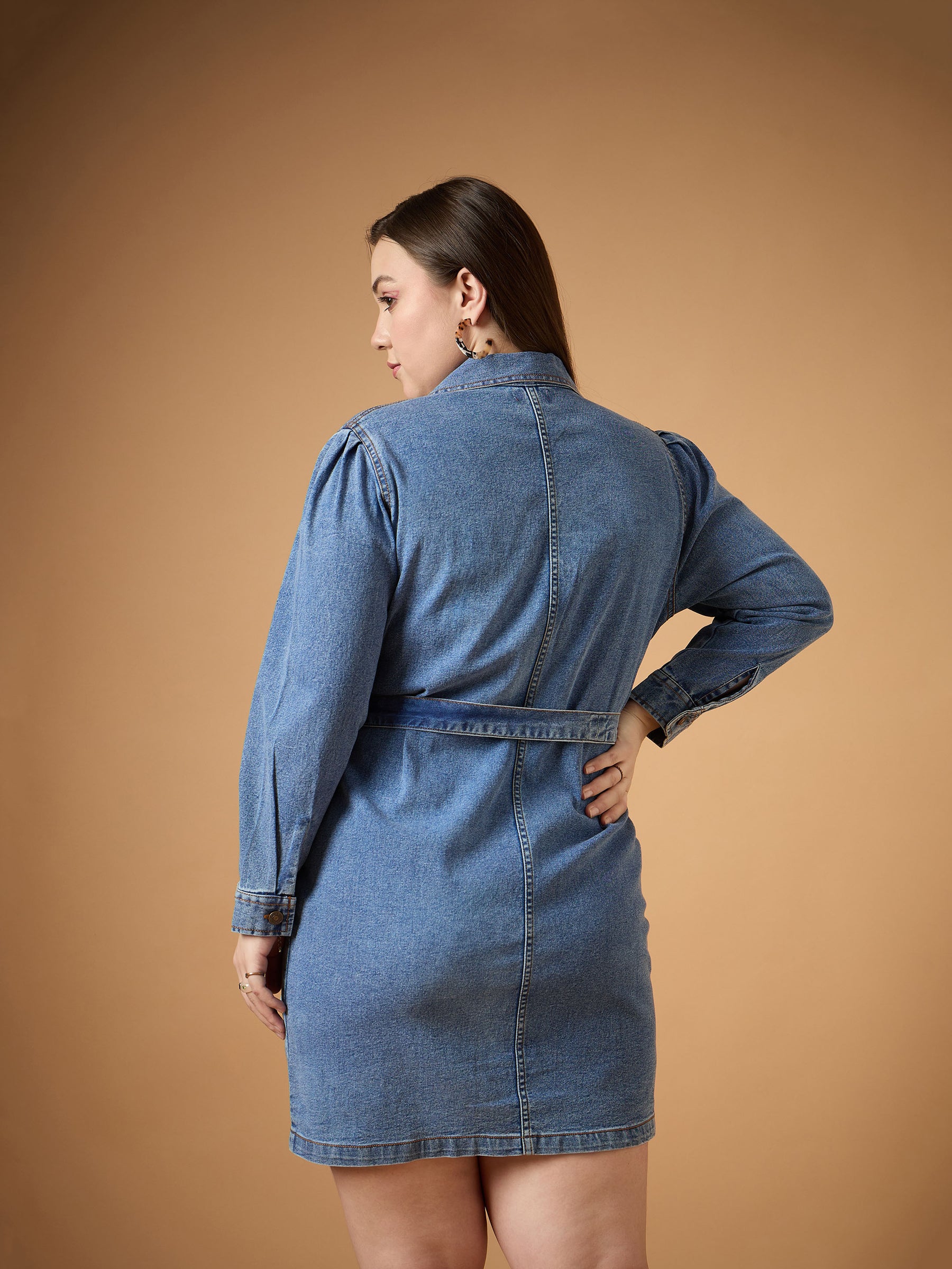 Women Blue Blast Denim Front Button Shirt Dress