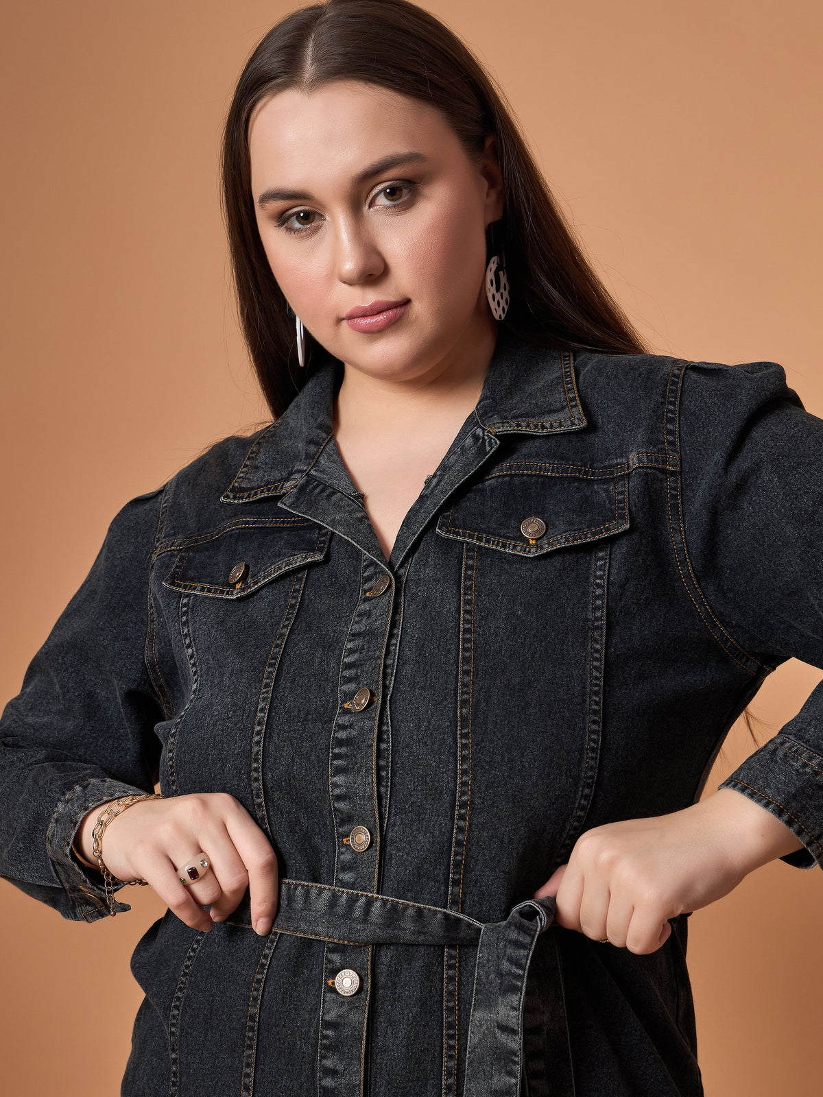 Women Black Blast Denim Front Button Shirt Dress