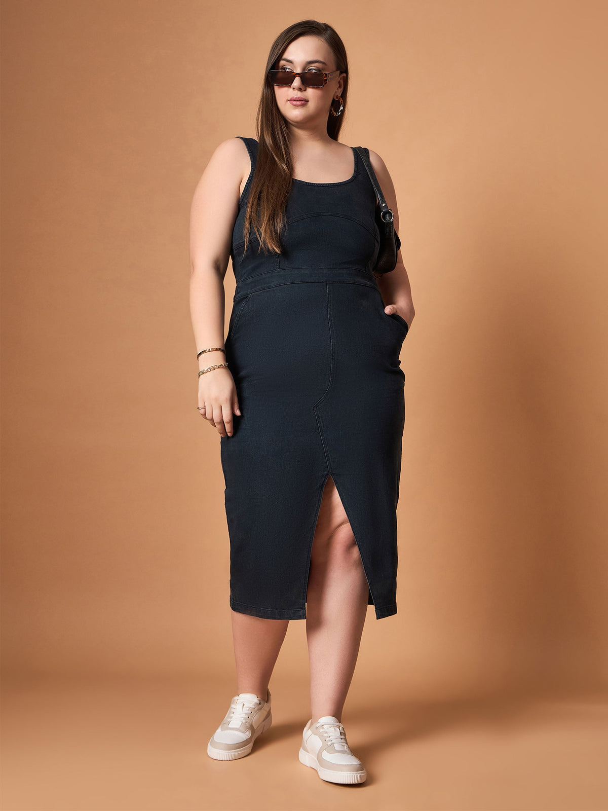 Black Blast Denim Front Slit Midi Dress-SASSAFRAS Curve