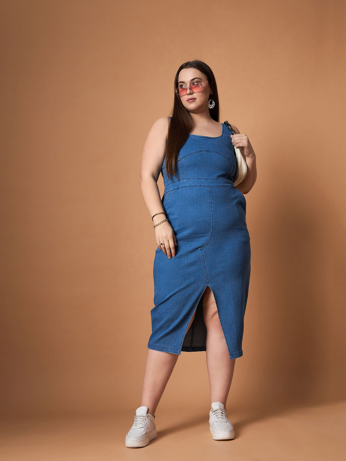 Blue Blast Denim Front Slit Midi Dress-SASSAFRAS Curve