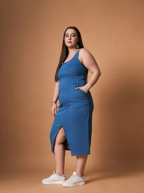 Blue Blast Denim Front Slit Midi Dress-SASSAFRAS Curve