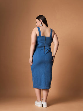 Blue Blast Denim Front Slit Midi Dress-SASSAFRAS Curve