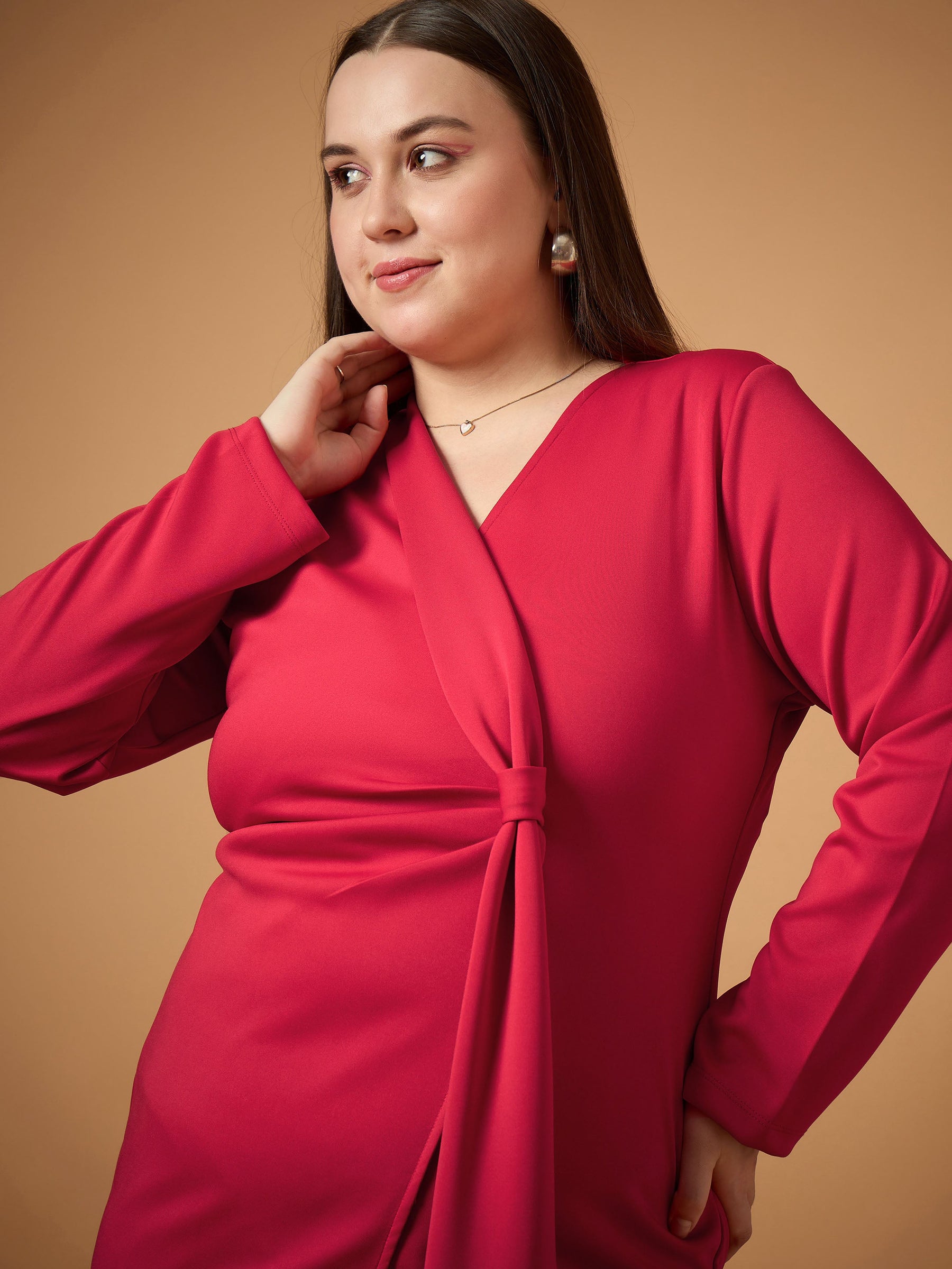 Red Front Knot Detail Short Dress-SASSAFRAS Curve