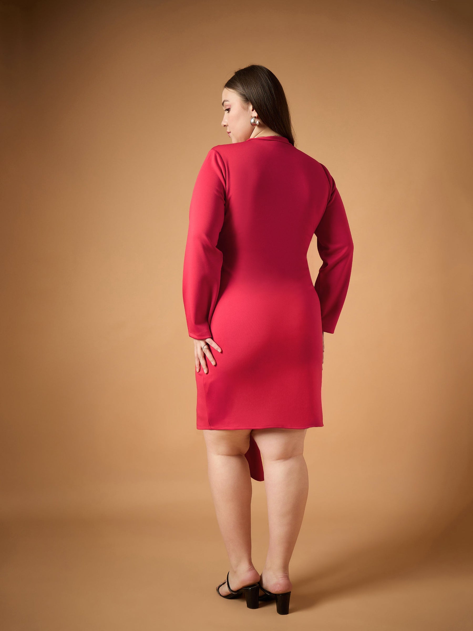 Red Front Knot Detail Short Dress-SASSAFRAS Curve