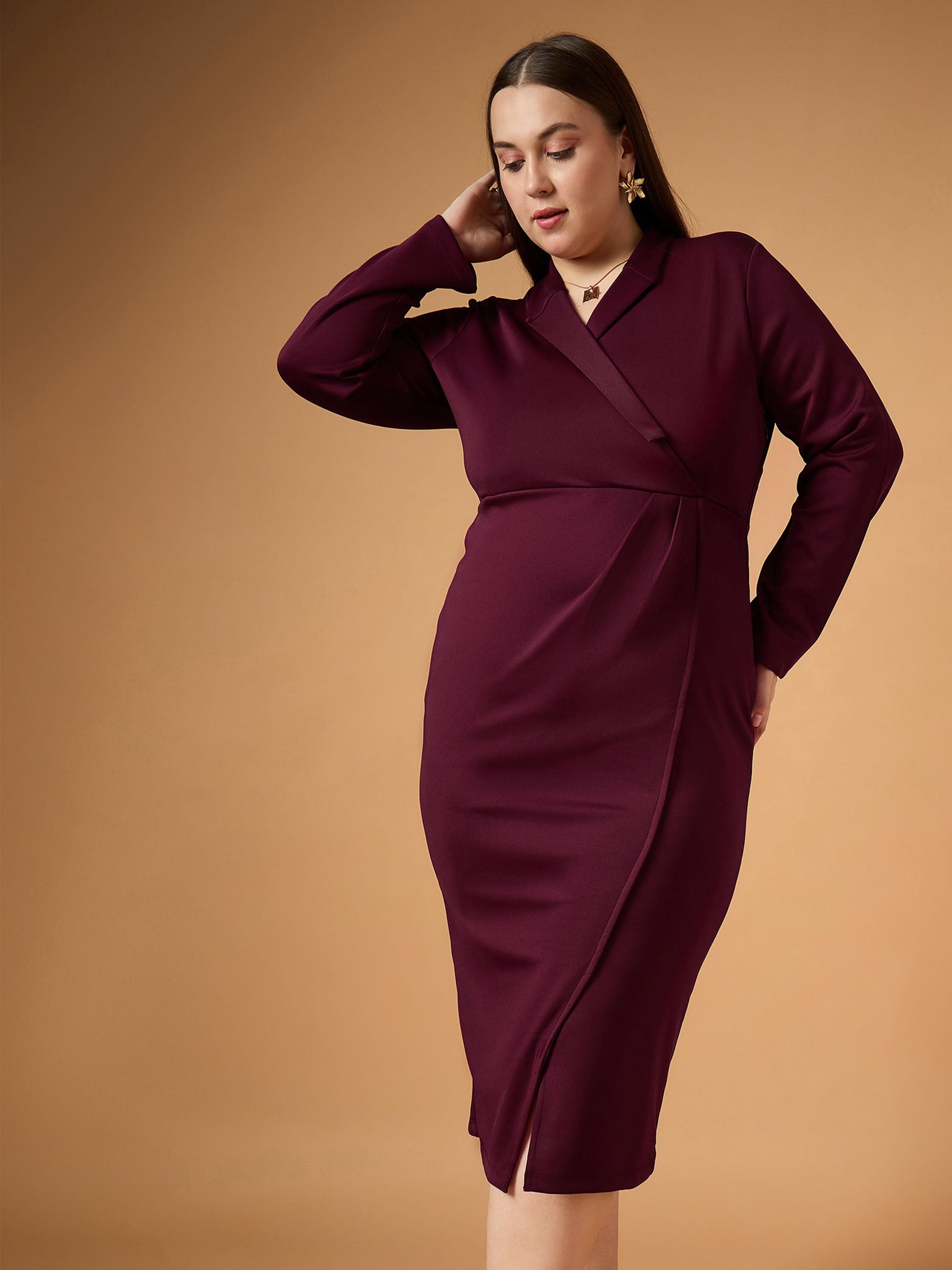 Burgundy Full Sleeves Midi Dress-SASSAFRAS Curve