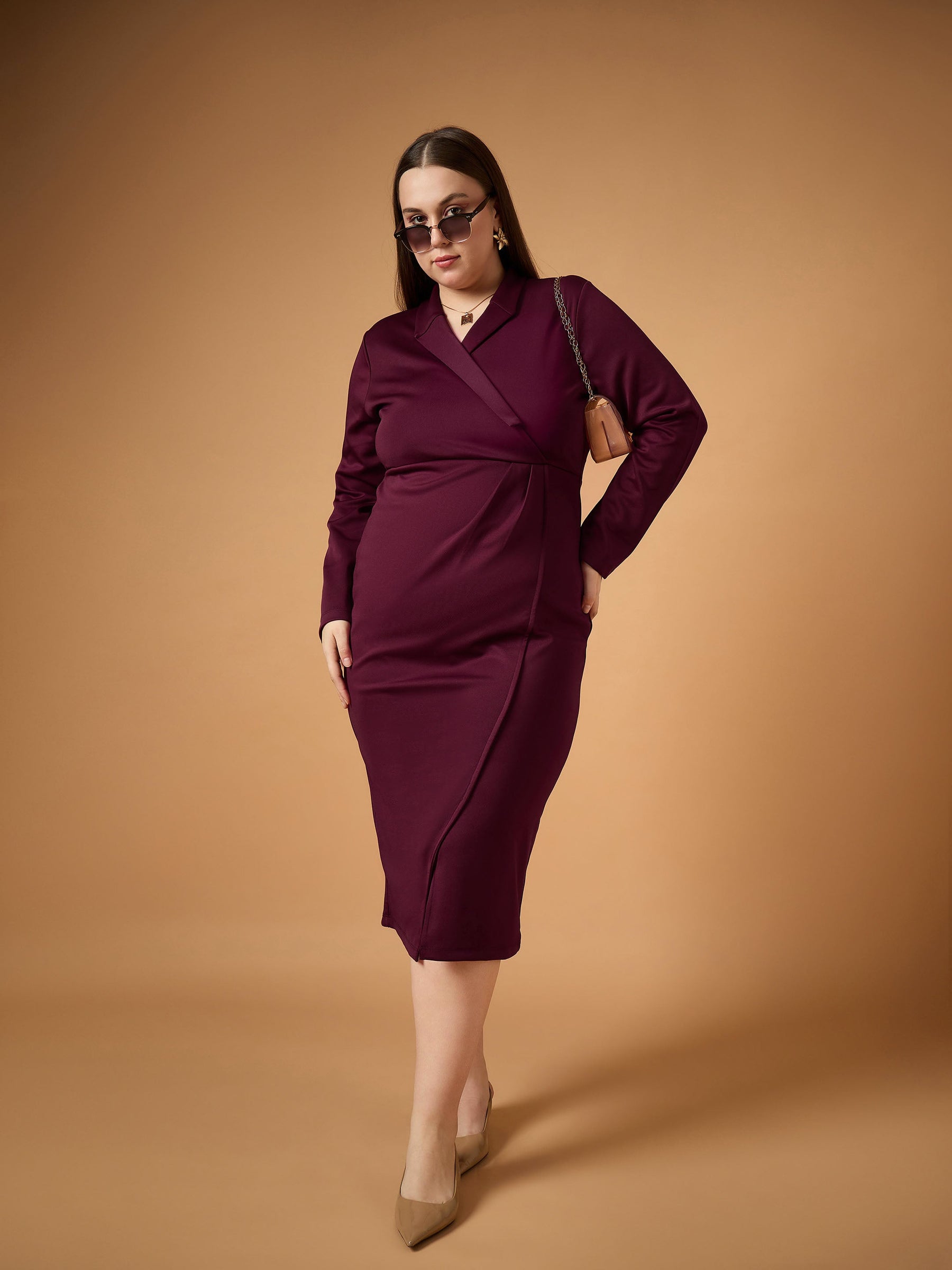 Burgundy Full Sleeves Midi Dress-SASSAFRAS Curve