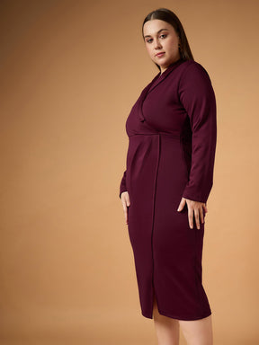 Burgundy Full Sleeves Midi Dress-SASSAFRAS Curve