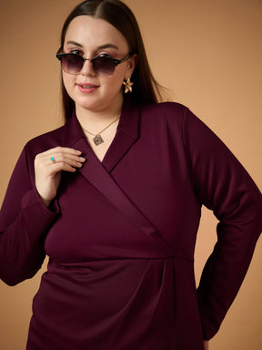 Burgundy Full Sleeves Midi Dress-SASSAFRAS Curve