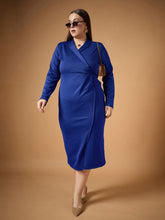 Royal Blue Full Sleeves Midi Dress-SASSAFRAS Curve