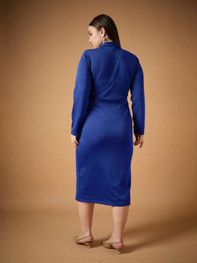 Royal Blue Full Sleeves Midi Dress-SASSAFRAS Curve