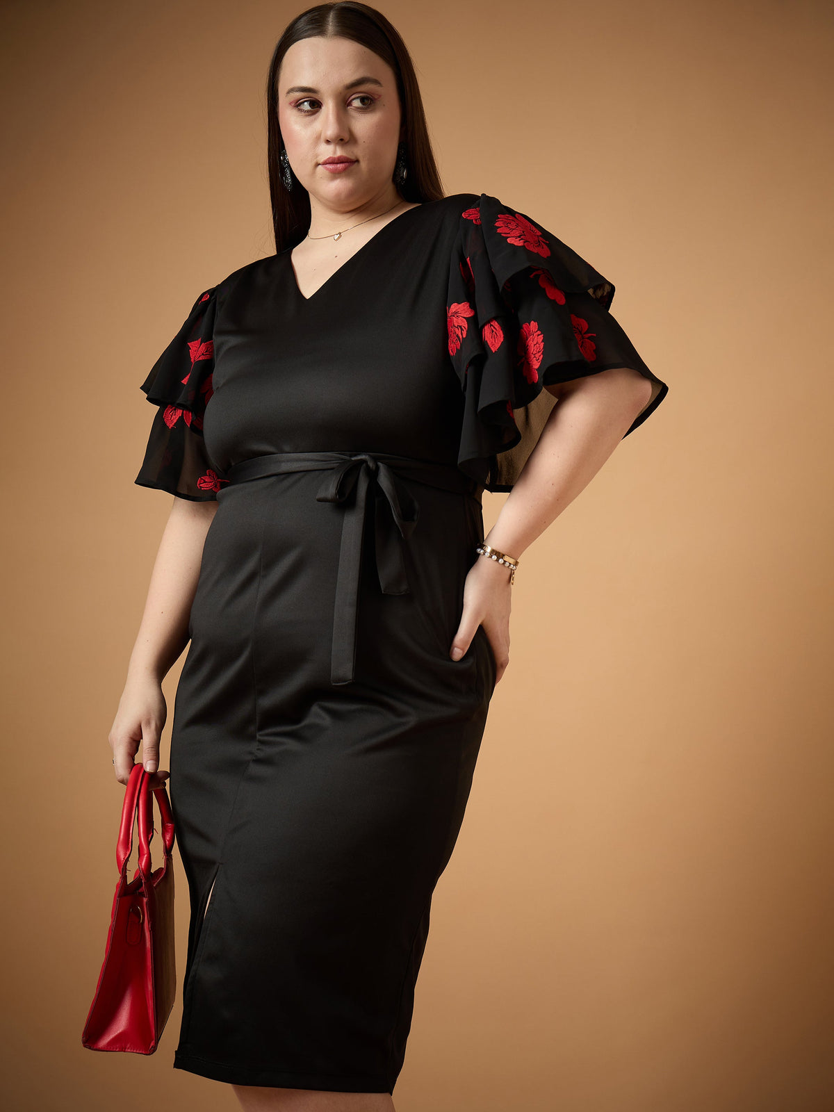 Black Frill Sleeves Midi Dress-SASSAFRAS Curve